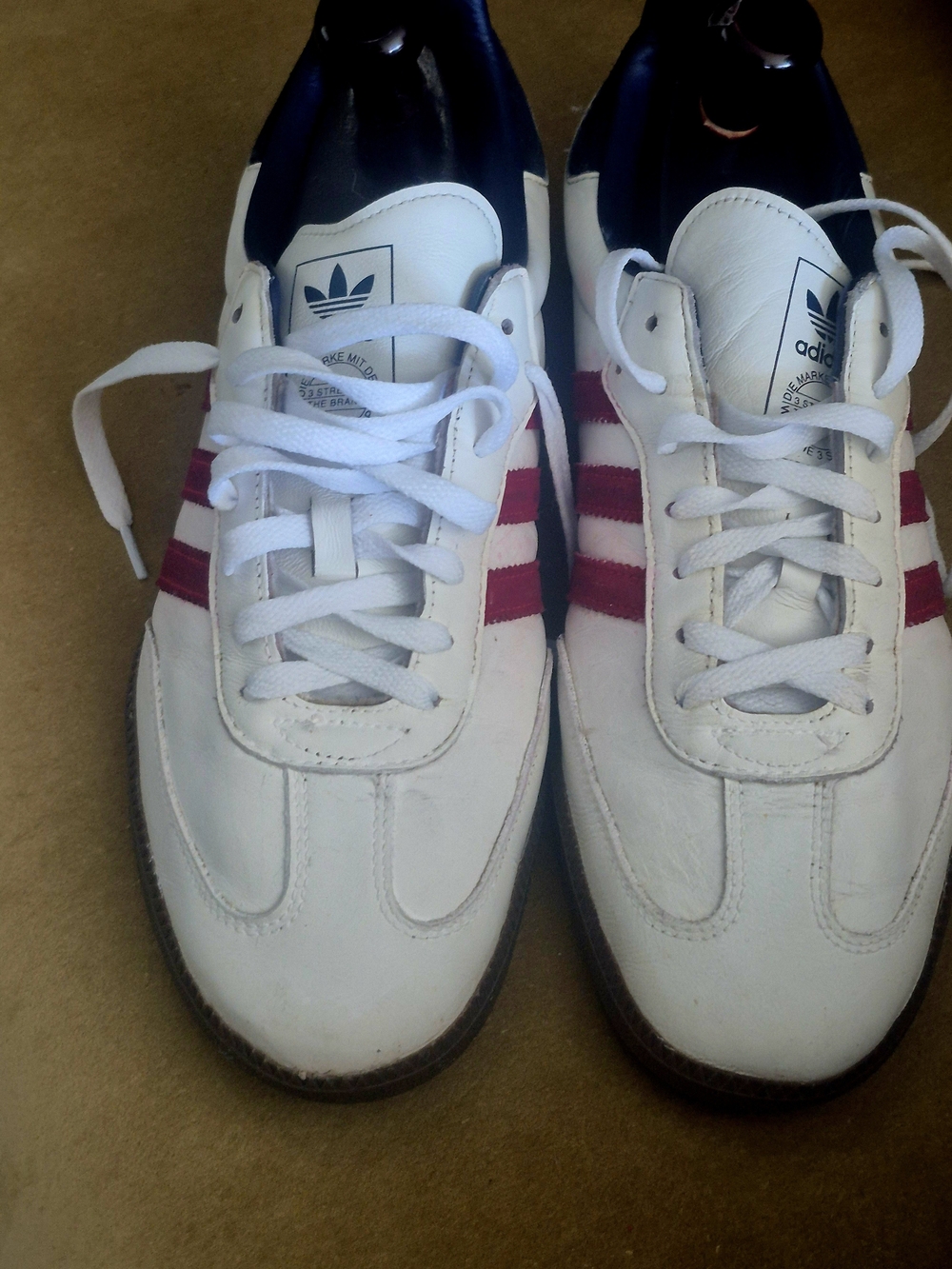 Adidas Men’s White Leather Sneakers with Maroon Stripes